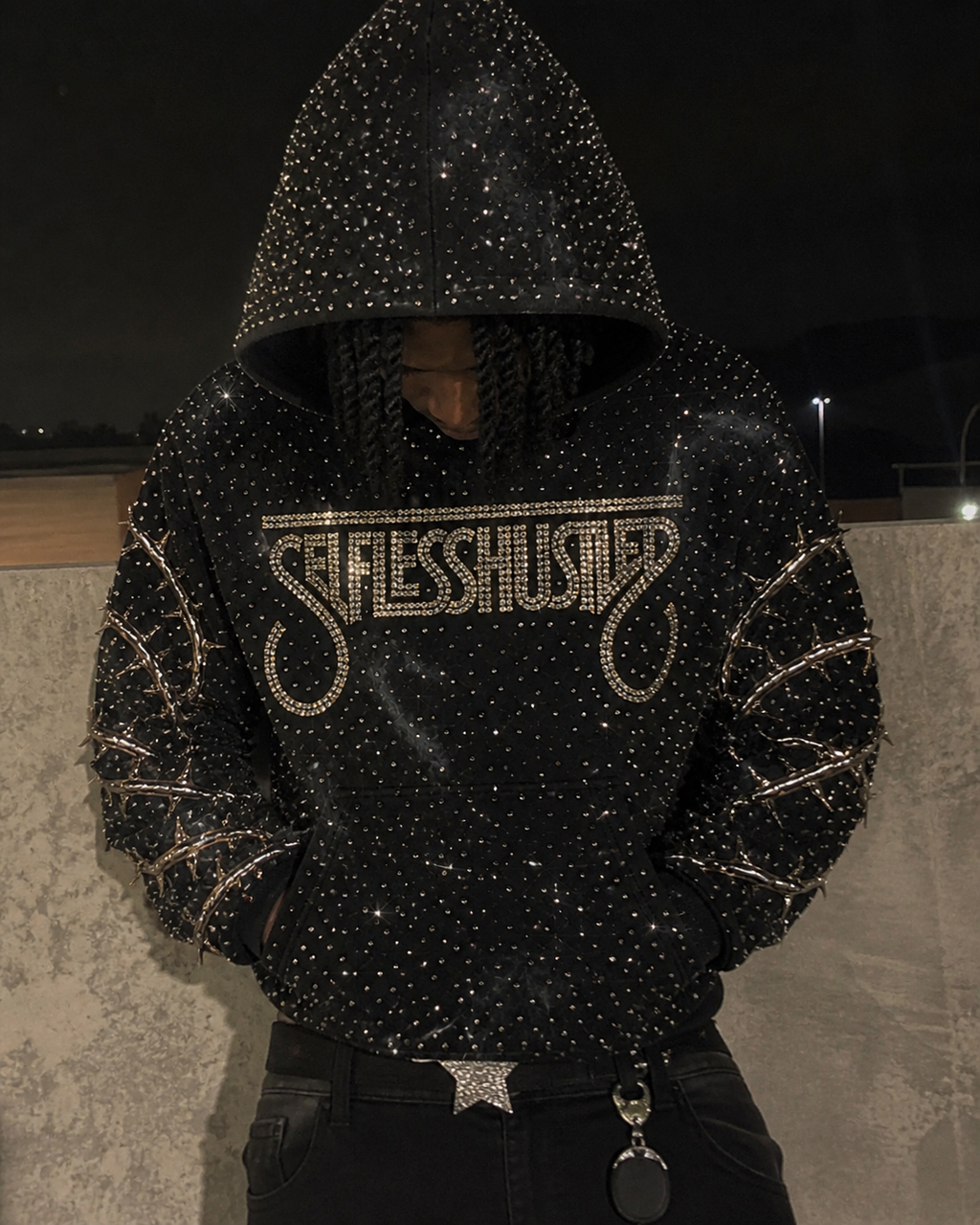 Selfless Hustler “Midnight Thorn” Rhinestone Hoodie ✨