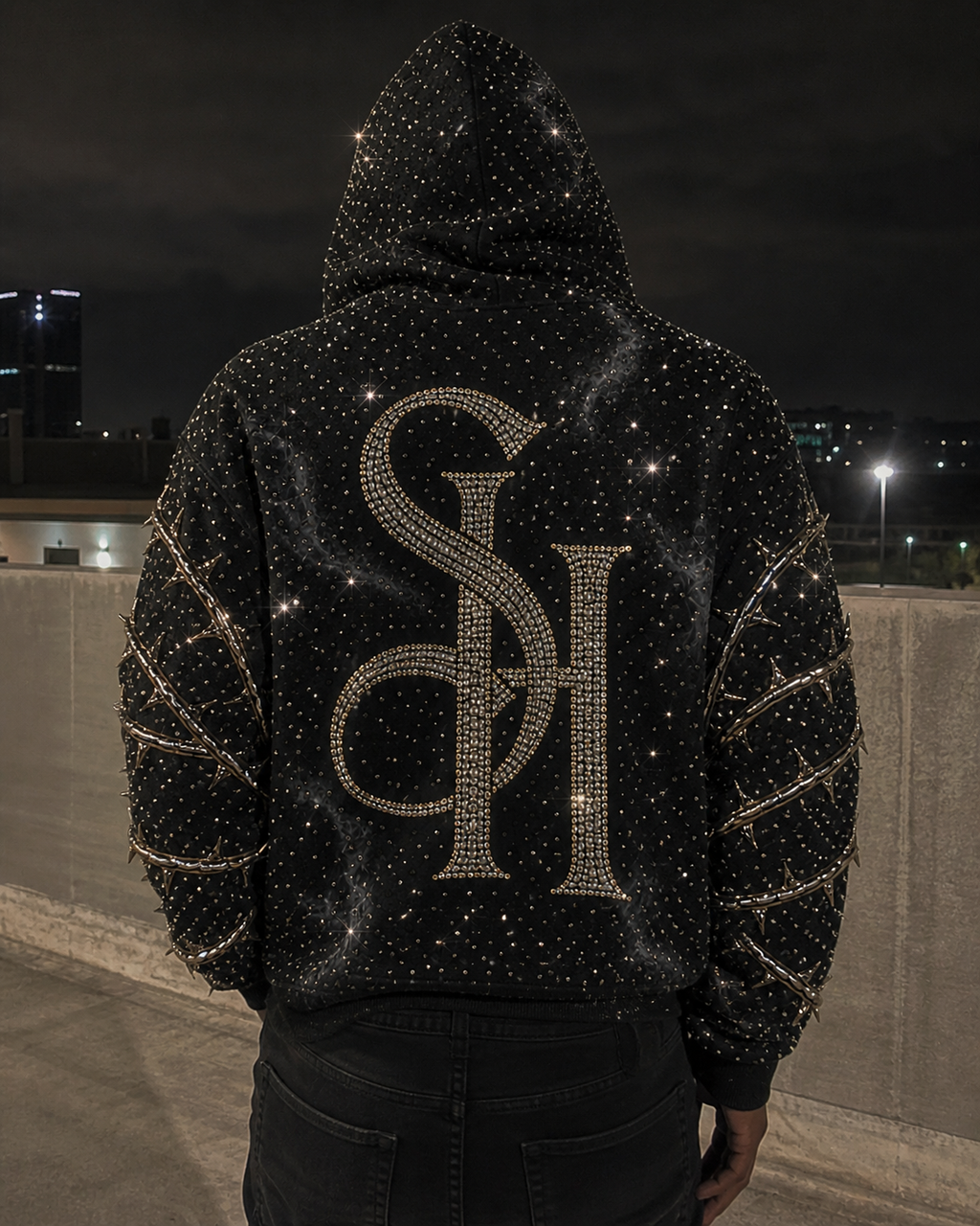 Selfless Hustler “Midnight Thorn” Rhinestone Hoodie ✨